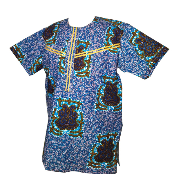Blue batik round-neck shirt with gold cross